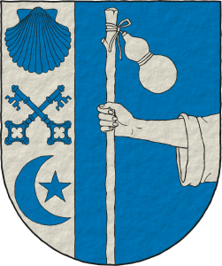 Escudo adiestrado: 1o de plata, dos llaves alzadas en sotuer, acompa�adas en jefe de una venera, y en punta de una estrella de cinco puntas, circundada a la diestra de un creciente puesto en banda todo de azur; 2o de azur, un brazo diestro vestido, moviente de la siniestra, teniendo un bord�n de peregrino puesto en palo, moviente de la punta, y atada a �l una calabaza puesta en banda todo de plata.