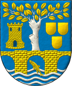 Escudo de azur, en punta cuatro burelas ondadas de plata sumadas de un barbo puesto en banda de oro y un puente de tres ojos moviente de los flancos de oro, mazonado de sable, sosteniendo una olma nurida de plata, hojada de oro, acompaada a su diestra de una torre de oro, aclarada de azur, mazonada de sable y a su siniestra de tres escudetes de oro, 2 y 1.