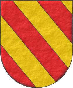 Escudo bandado de seis piezas de gules y oro.