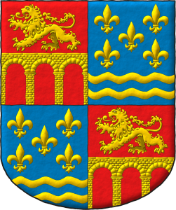 Escudo cuartelado: 1o y 4o de gules, un puente de tres ojos moviente de la punta y los flancos de oro; 2o y 3o de azur, cinco flores de lis, en punta dos fajas ondadas, todo de oro.