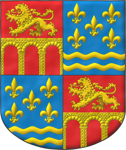 Escudo cuartelado: 1o y 4o de gules, un puente de tres ojos moviente de la punta y los flancos de oro; 2o y 3o de azur, cinco flores de lis, en punta dos fajas ondadas, todo de oro.