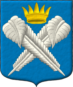 Escudo de azur, dos plumas en sotuer de plata surmontadas por una corona antigua de oro.
