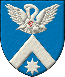 Escudo de azur, un cabrio en punta sosteniendo un pelcano en su piedad, desplegado de plata, ensangrentado de gules, en punta una estrella de ocho puntas de plata.