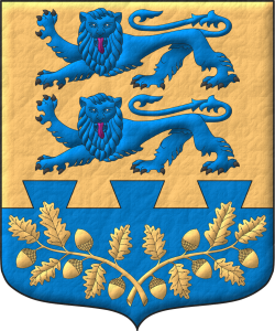 Escudo de oro, dos leopardos en palo de azur, armados de sable, lampasados de gules; en una punta encajada de colas de milano dos ramas de roble, hojadas y frutadas en pila de oro.