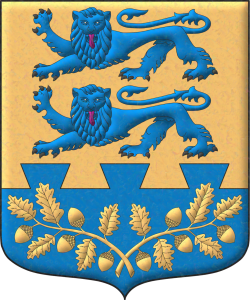 Escudo de oro, dos leopardos en palo de azur, armados de sable, lampasados de gules; en una punta encajada de colas de milano dos ramas de roble, hojadas y frutadas en pila de oro.