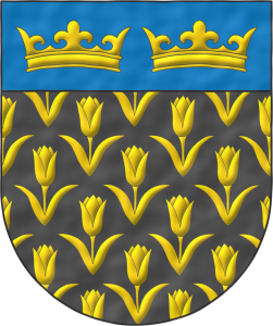 Escudo de sable, sembrado de tulipanes de oro; el jefe cosido de azur, dos coronas de oro, en faja.
