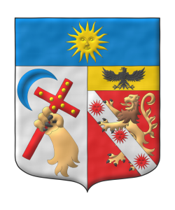 Escudo partido: 1� de plata, un antebrazo de le�n al natural teniendo una cruz latina puesta en barra de Gules cargada de ocho bezantes en cruz de oro, 4 y 4, en la diestra del jefe un decreciente puesto en barra; 2o de gules, un le�n rampante al natural resaltado de una banda de plata cargada de tres soles de gules, en un jefe de oro un �guila de sable; un jefe de azur cargado de un sol de oro.