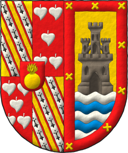 Escudo partido: 1� cuartelado: 1� y 4� de oro, tres cotizas de plata, perfiladas de gules, cargadas cada una de colas de armi�os; 2� y 3� de gules, cinco panelas en sotuer de plata; brochante sobre el todo, un escus�n de gules cargado de una bomba de oro; 2� de oro, un castillo de sable sostenido por ondas de plata y azur; una bordura de gules cargada de ocho sotueres cortados de oro.
