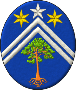 Escudo de azur, dos tenazas de plata, en cada flanco del jefe dos estrellas de seis puntas de oro y en la punta un pino silvestre (Pinus sylvestris) arrancado al natural [concesi�n G0066]; brisado de una estrella de plata.