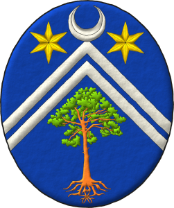 Escudo de azur, dos tenazas de plata, en cada flanco del jefe dos estrellas de seis puntas de oro y en la punta un pino silvestre (Pinus sylvestris) arrancado al natural [concesi�n G0066]; brisado de un creciente de plata.