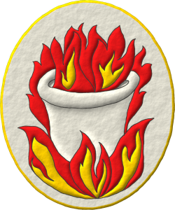 Emblema de plata, un crisol de plata, llameante y sumado a una hoguera de gules y oro.