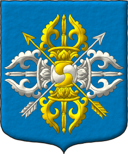 Escudo de azur, dos flechas alzadas en sotuer, la flecha puesta en banda de oro, la flecha puesta en barra de plata, brochante sobre el todo una vajra doble cuartelada en sotuer de oro y plata cargada de un bezante cuartelado en sotuer curvilneo de oro y plata.
