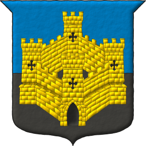 Escudo cortado de azur y sable, brochante sobre la particin un castillo de cuatro torres de oro, aclarado de sable.