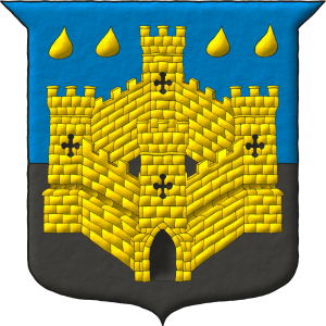 Escudo cortado de azur y sable, brochante sobre la partici�n un castillo de cuatro torres de oro, aclarado de sable, en jefe dos pares de gotas de oro.