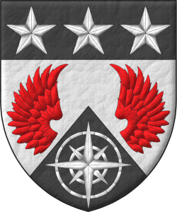 Escudo de plata, dos medios vuelos de gules, mantelado en punta de sable, cargado de una rosa de los vientos de plata; el jefe de sable, tres estrellas de cinco puntas de plata.