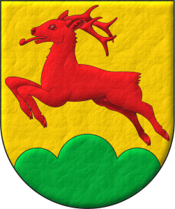 Escudo de oro, un corzo saltante de gules, en punta un monte de tres peas de sinople.