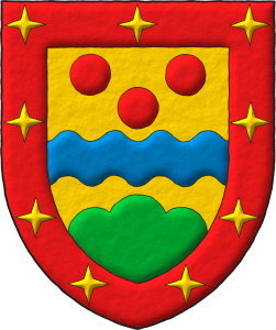 Escudo de oro, una faja ondada de azur acompa�ada, en jefe, de tres roeles de gules y, moviente de la punta, de un monte de tres pe�as de sinople; bordura de gules cargada de nueve luceros de oro.