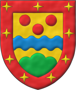 Escudo de oro, una faja ondada de azur acompa�ada, en jefe, de tres roeles de gules y, moviente de la punta, de un monte de tres pe�as de sinople; bordura de gules cargada de nueve luceros de oro.