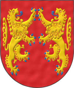 Escudo de gules, dos leones de oro, afrontados, armados y lampasados de azur.