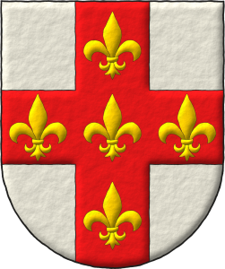 Escudo de oro, una cruz de gules cargada de cinco flores de lis de oro.
