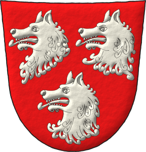 Escudo de gules, tres cabezas de lobo arrancadas de plata.