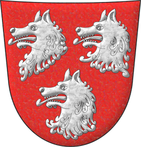 Escudo de gules, tres cabezas de lobo arrancadas de plata.