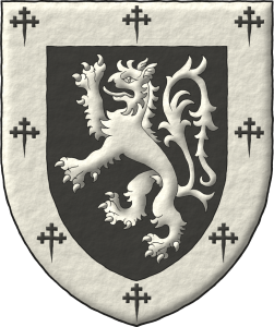Escudo de sable, un tigre herldico rampante de plata; una bordura de plata cargada de ocho cruces recrucetadas, fijadas de sable.