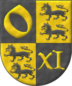 Escudo cuartelado: 1o de sable, una «o» de oro; 2o y 3o de oro, dos lobos pasantes, en palo de sable; 4o de sable, un «XI» romano de oro.