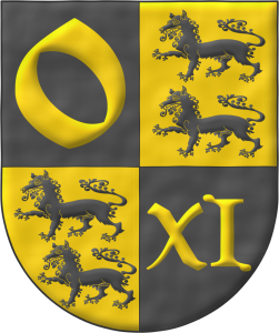 Escudo cuartelado: 1o de sable, una o de oro; 2o y 3o de oro, dos lobos pasantes, en palo de sable; 4o de sable, un XI romano de oro.
