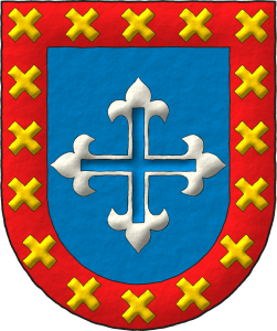 Escudo de azur, una cruz hueca flordelisada de plata; una bordura de gules cargada de diecisis sotueres cortados de oro.