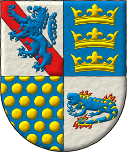 Escudo cuartelado: 1o de plata, una banda de gules, y brochante, un le�n de azur, rampante; 2o de azur, tres coronas de oro, en palo; 3o de azur, sembrado de bezantes de oro; 4o de plata, una salamandra de azur, manchada de oro, puesta en faja, en fuego de oro y gules.