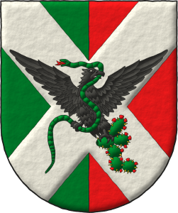 Escudo de partido de sinople y gules, brochante sobre el todo un sotuer de plata cargado de un �guila alterada de sable, teniendo en su garra siniestra una chumbera nurida de sinople, frutada de gules, hojada de oro y en su garra diestra y cebada de una sierpe de sinople, lampasada de gules, fierezada de oro.