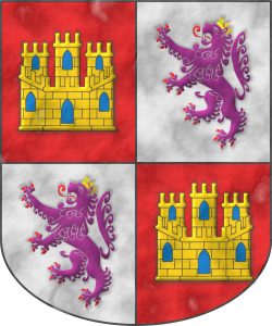 Escudo cuartelado: 1o y 4o de gules, un castillo de oro, aclarado de azur, mazonado de sable; 2o y 3o de plata, un len rampante de prpura, armado y lampasado de gules, coronado de oro.
