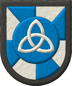 Escudo gironado de azur y plata, un roel de azur, cargado de una triquetra de plata; una bordura de sable.