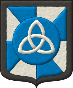 Escudo gironado de azur y plata, un roel de azur, cargado de una triquetra de plata; una bordura de sable.