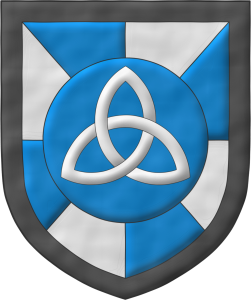 Escudo gironado de azur y plata, un roel de azur, cargado de una triquetra de plata; una bordura de sable.