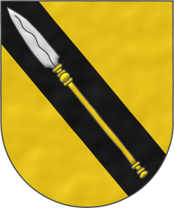 Escudo de oro, una banda de sable, cargada de una lanza de plata, fustada oro.