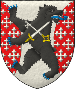 Escudo de plata, flanqueado curvo de gules sembrado de cruces recrucetadas de plata, brochante sobre el todo un oso rampante y contornado de sable, armado y lampasado de azur, cargado de una llave y una espada en sotuer de plata, ambas guarnecidas de oro y la llave resaltada de la espada.