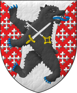 Escudo de plata, flanqueado curvo de gules sembrado de cruces recrucetadas de plata, brochante sobre el todo un oso rampante y contornado de sable, armado y lampasado de azur, cargado de una llave y una espada en sotuer de plata, ambas guarnecidas de oro y la llave resaltada de la espada.