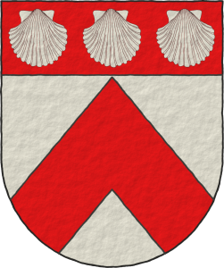 Escudo de plata: un cabrio de gules; el jefe de azur, tres veneras en faja de plata.