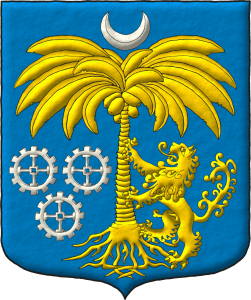 Escudo de azur, una palmera arrancada, acompaada a la siniestra de un len rampante empinado a ella ambos de oro, a la diestra de tres ruedas de molino, 2 y 1, y en jefe un creciente todo de plata.