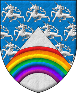 Escudo de azur sembrado de unicornios pasantes de plata, mantelado en punta de plata, un arcoiris moviente de los flancos al natural.