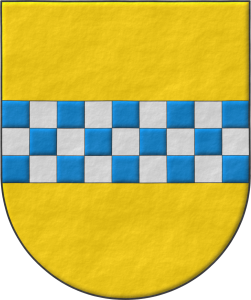 Escudo de oro, una faja ajedrezada de azur y plata.