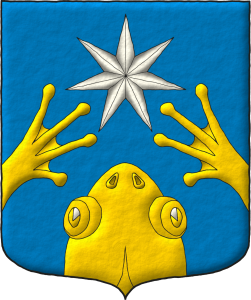 Escudo de azur, moviente de la punta una cabeza de rana y de los flancos sus patas delanteras en chevron todo de oro, en jefe una estrella de siete puntas de plata.