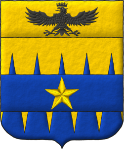 Escudo cortado encajado de oro y azur, brochante sobre la partici�n una faja de azur cargada de una estrella de cinco puntas de oro; en un jefe cosido de oro, un �guila surmontada de una corona ambas de sable.