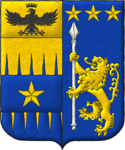 Escudo partido: 1o cortado encajado de oro y azur, brochante sobre la partici�n una faja de azur cargada de una estrella de cinco puntas de oro, un jefe cosido de oro, un �guila surmontada de una corona ambas de sable [de Tamburelli]; 2o de azur, un le�n rampante de oro teniendo una lanza alzada de plata, en jefe, tres estrellas de cinco puntas en faja de oro [de Lanzara].