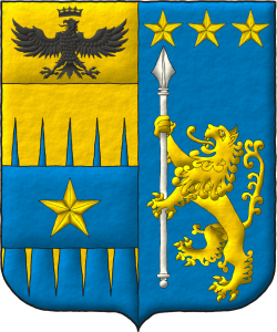 Escudo partido: 1o cortado encajado de oro y azur, brochante sobre la partici�n una faja de azur cargada de una estrella de cinco puntas de oro, un jefe cosido de oro, un �guila surmontada de una corona ambas de sable [de Tamburelli]; 2o de azur, un le�n rampante de oro teniendo una lanza alzada de plata, en jefe, tres estrellas de cinco puntas en faja de oro [de Lanzara].