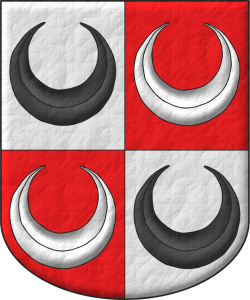 Cuartelado: 1 y 4 de plata, un creciente de sable; 2 y 3 de gules, un creciente de plata.