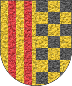 Escudo dimidiado: 1o de oro, cuatro palos de gules; 2o ajedrezado de oro y sable.