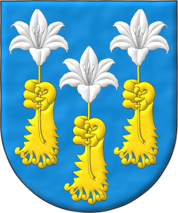 Escudo de oro, tres garras de len arrancadas y alzadas de oro, ordenadas, 2 y 1, teniendo cada una una azucena de plata.